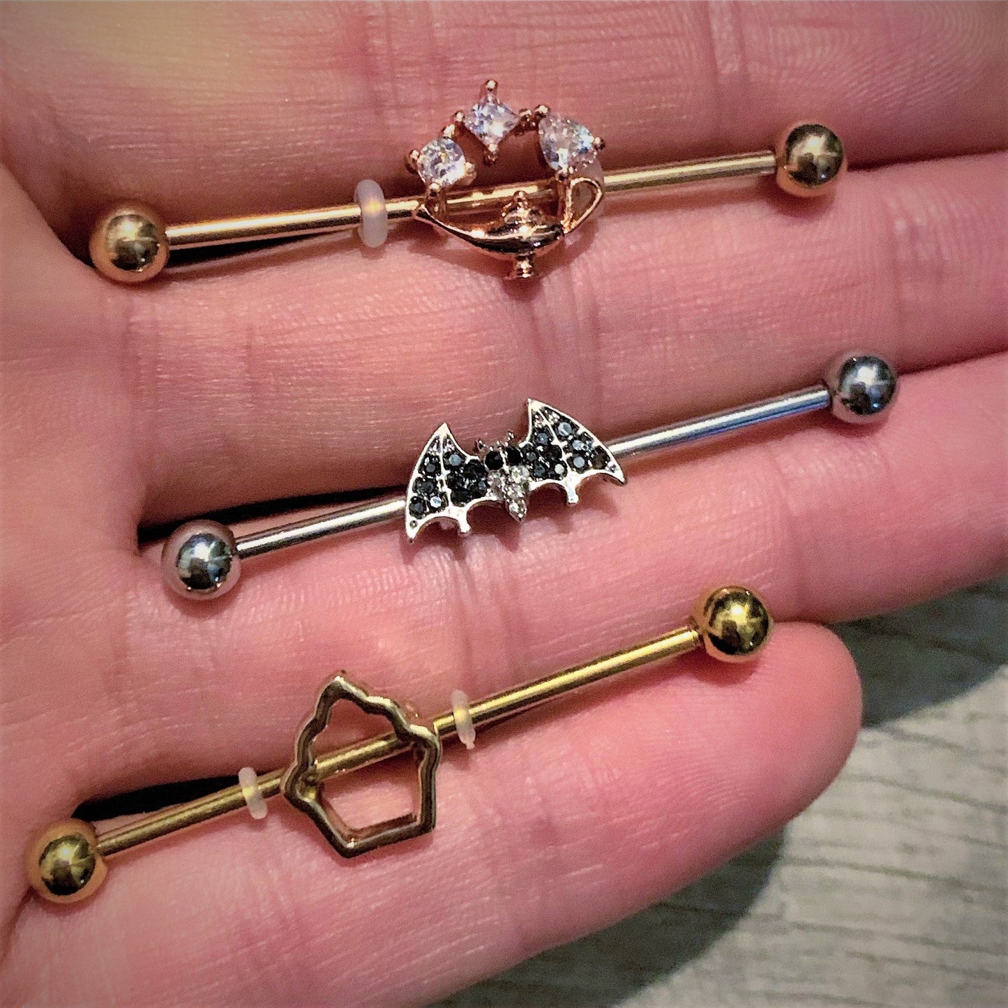 14G Gold Tone Hollow Cupcake Industrial Barbell 38mm