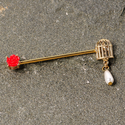 14G Gold Tone Red Flower Birdcage Industrial Barbell 38mm