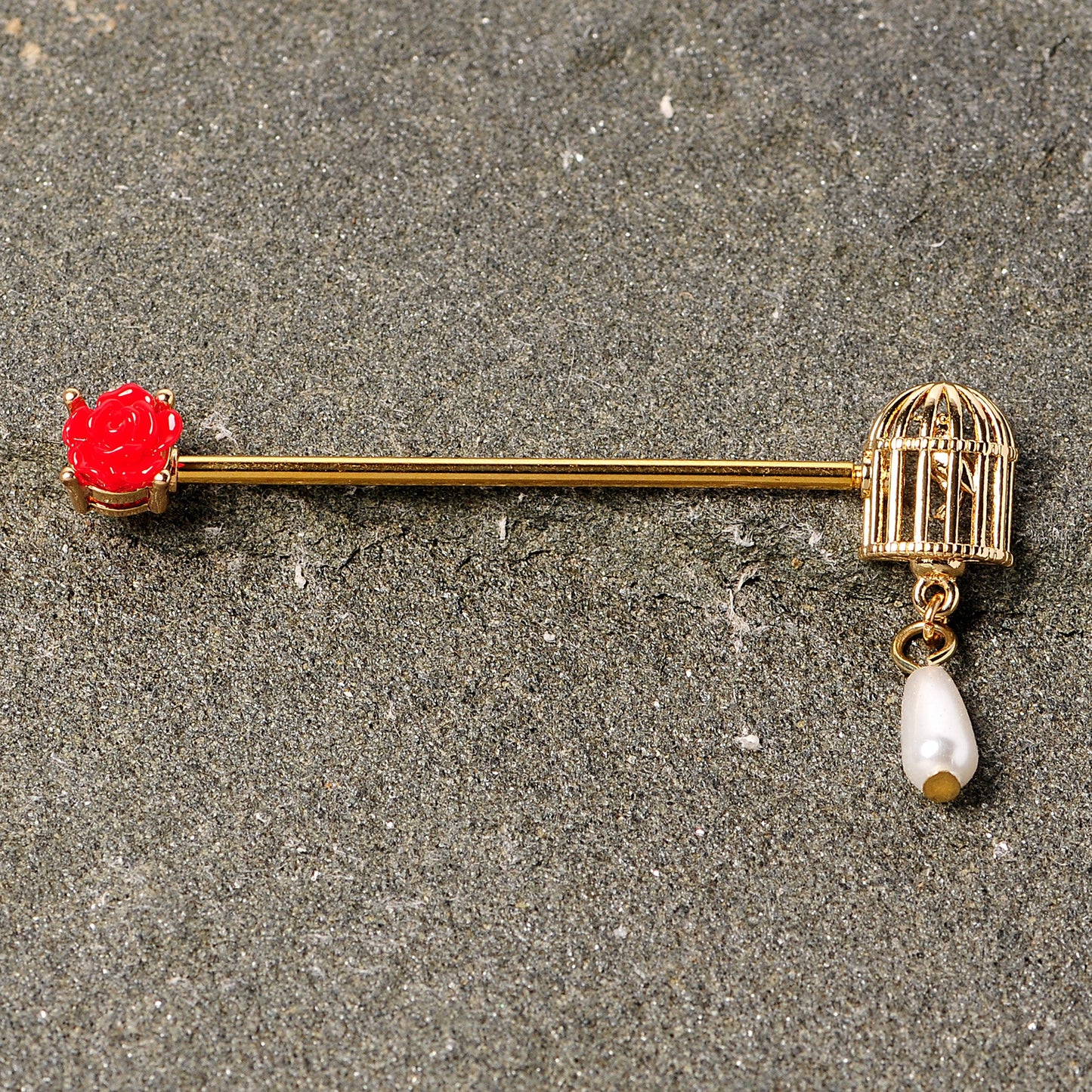 14G Gold Tone Red Flower Birdcage Industrial Barbell 38mm