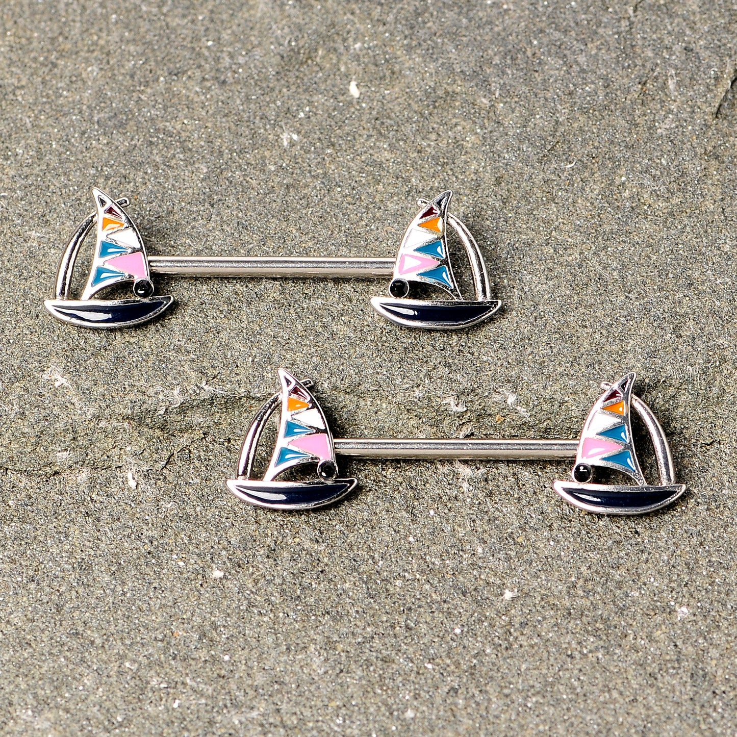 14G 9/16 Black Gem Teal Nautical Sailboat Barbell Nipple Ring Set