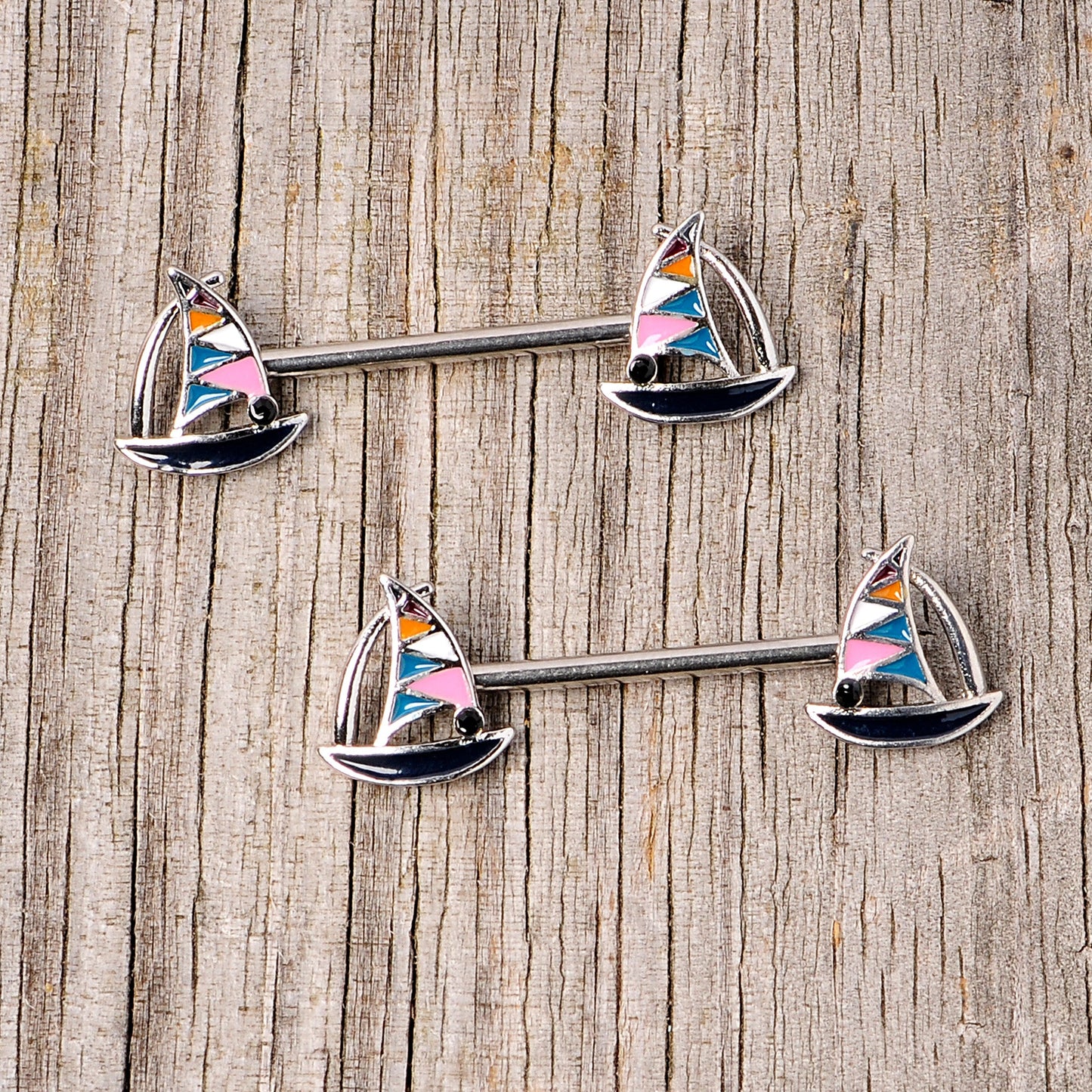14G 9/16 Black Gem Teal Nautical Sailboat Barbell Nipple Ring Set