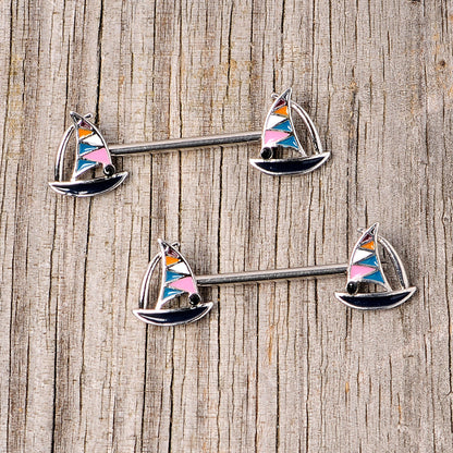 14G 9/16 Black Gem Teal Nautical Sailboat Barbell Nipple Ring Set