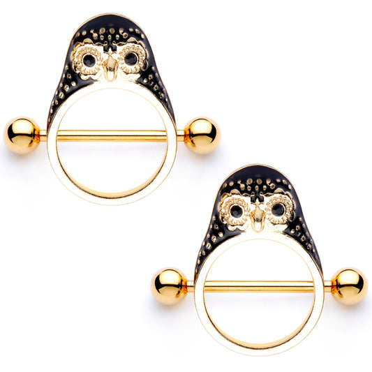 14G 9/16 Black Gem Gold Tone Barn Owl Nipple Shield Set