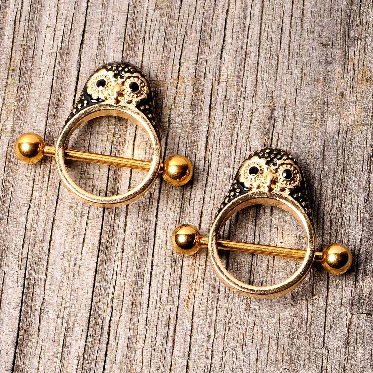 14G 9/16 Black Gem Gold Tone Barn Owl Nipple Shield Set
