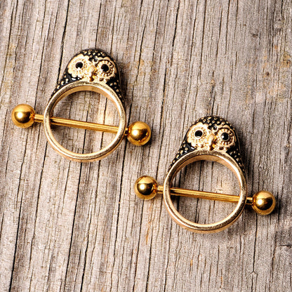 14G 9/16 Black Gem Gold Tone Barn Owl Nipple Shield Set