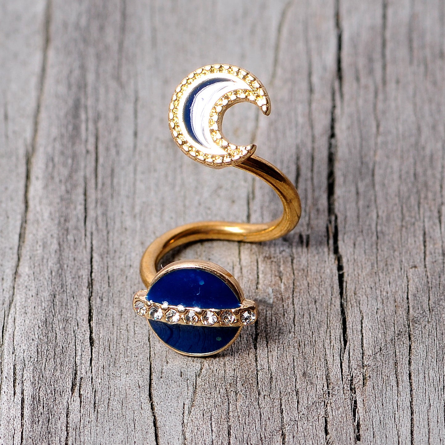 14G Clear Gem Gold Tone Planet Moon Spiral Twister Belly Ring