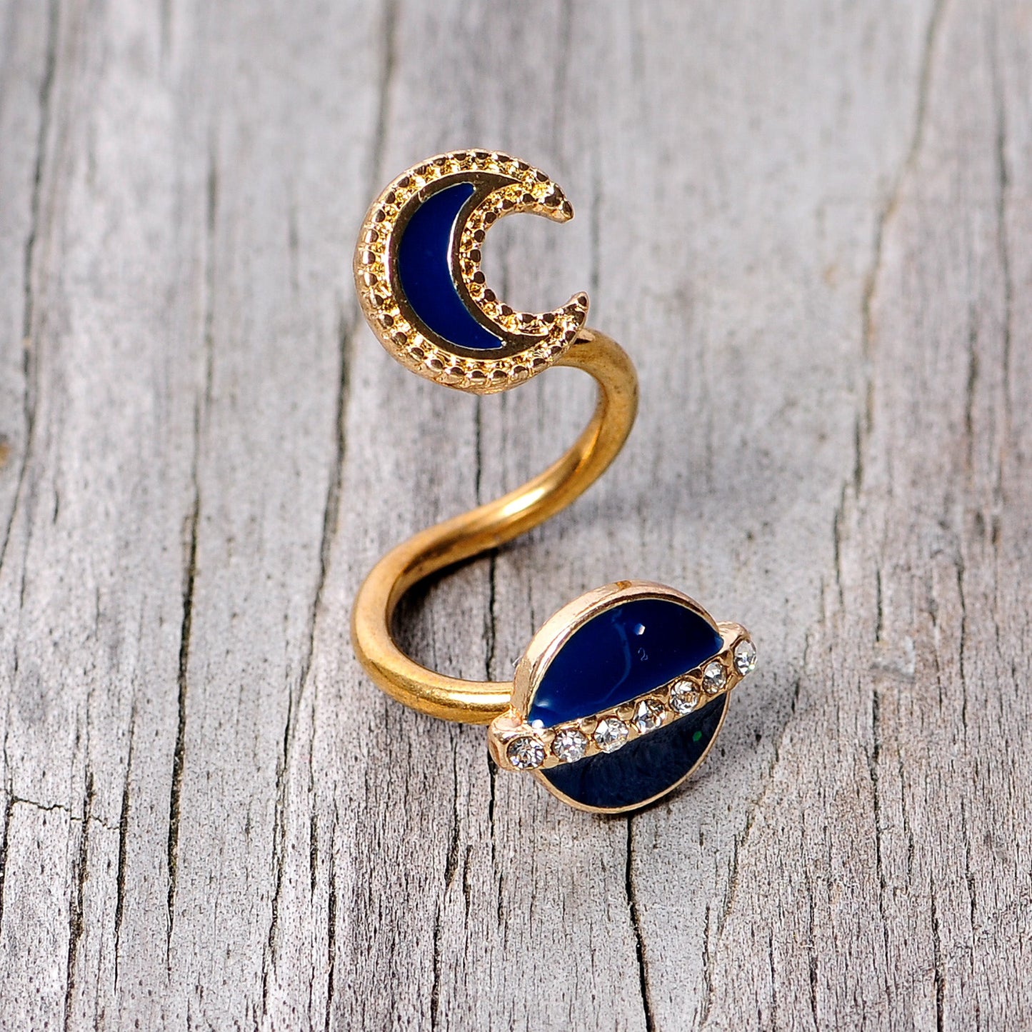 14G Clear Gem Gold Tone Planet Moon Spiral Twister Belly Ring