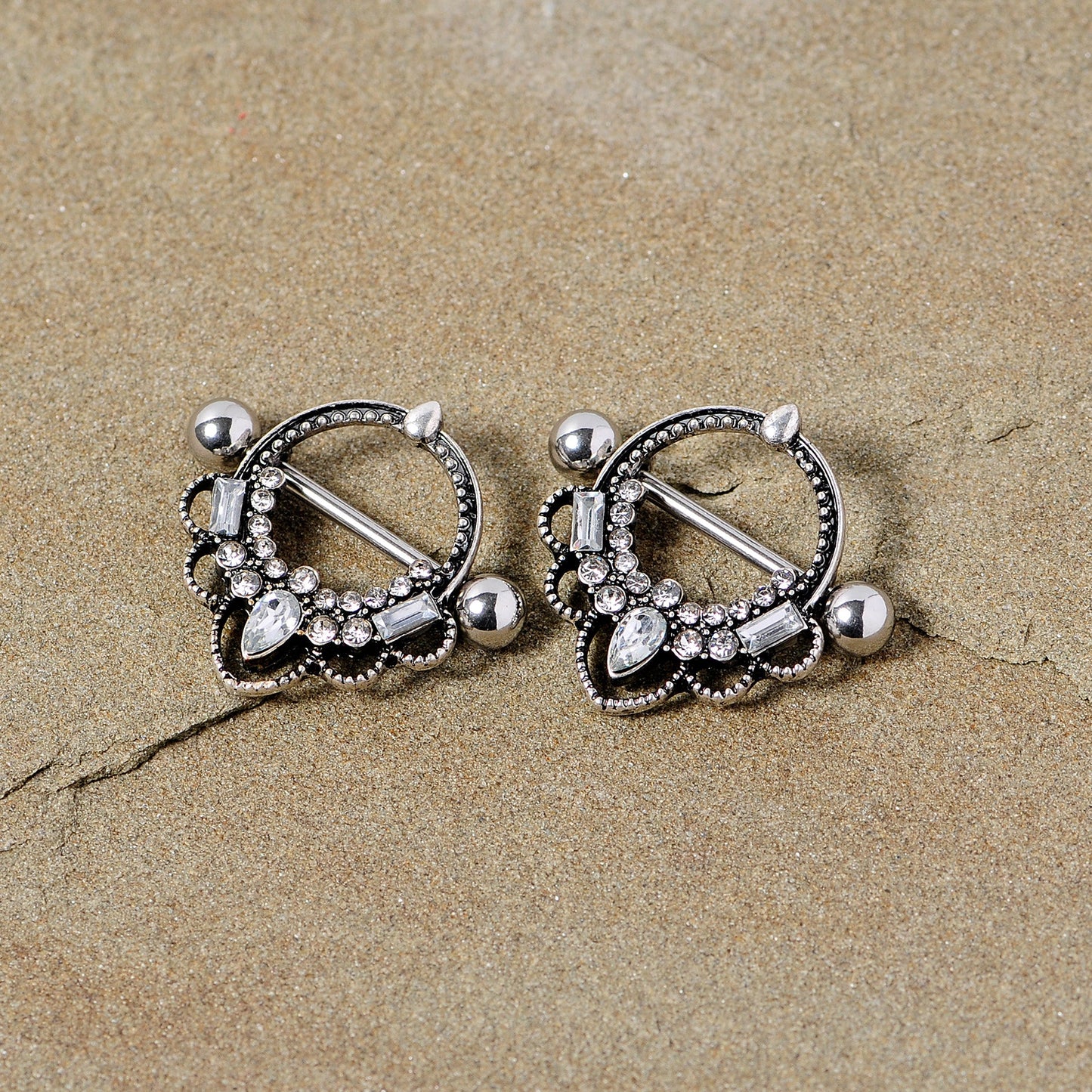 14G 5/8 Clear Gem Filigree Nipple Shield Set