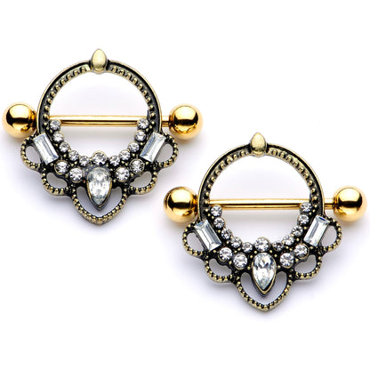 14G 5/8 Clear Gem Gold Tone Filigree Nipple Shield Set