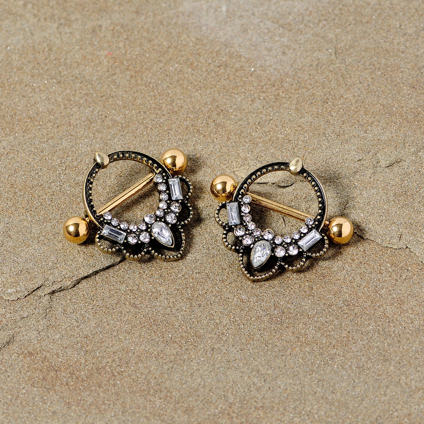 14G 5/8 Clear Gem Gold Tone Filigree Nipple Shield Set