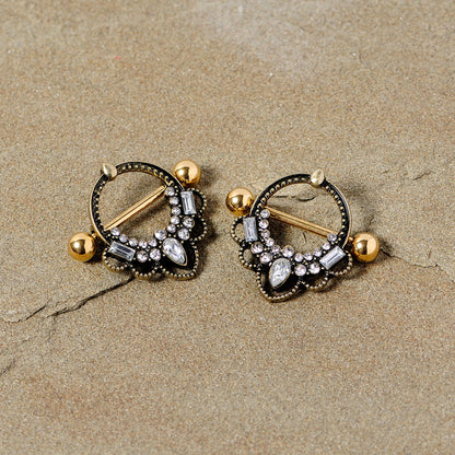 14G 5/8 Clear Gem Gold Tone Filigree Nipple Shield Set