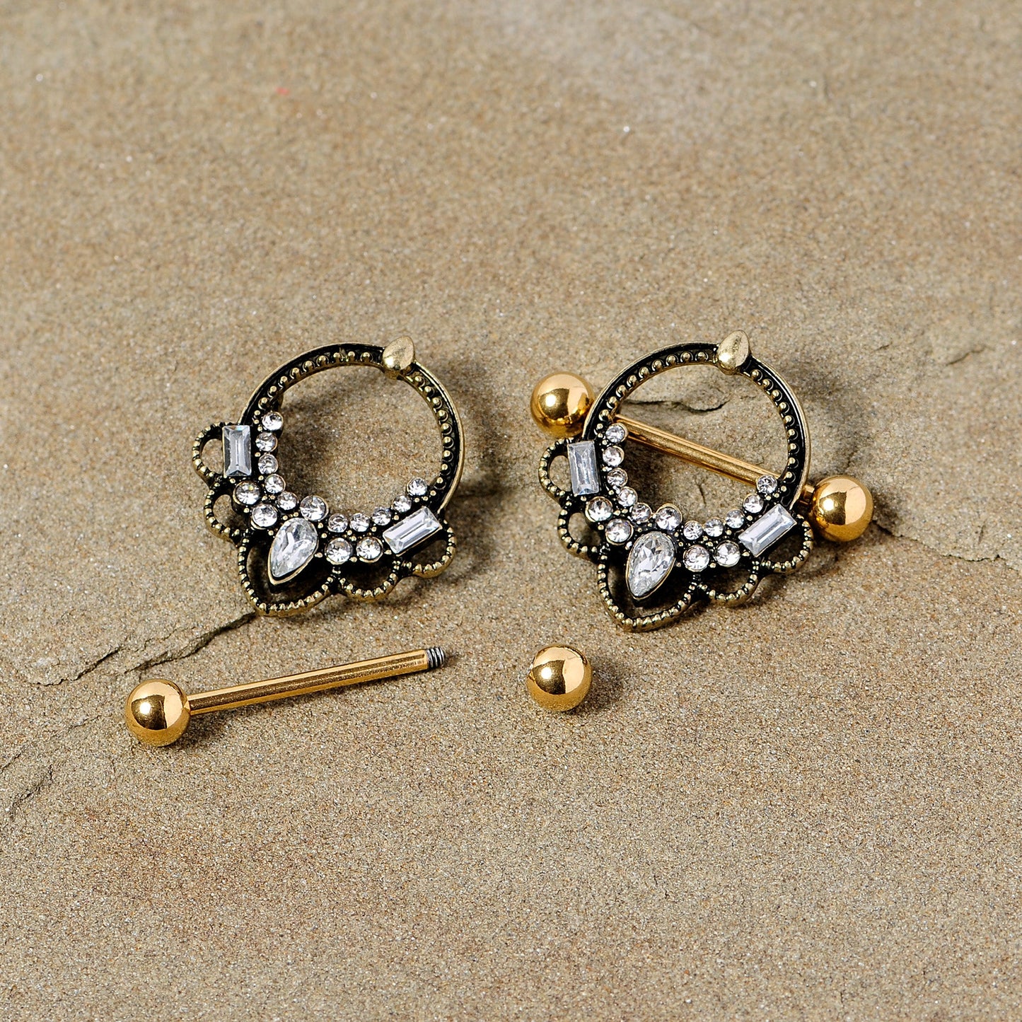 14G 5/8 Clear Gem Gold Tone Filigree Nipple Shield Set