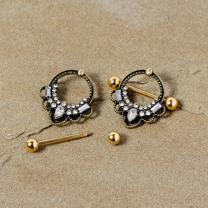 14G 5/8 Clear Gem Gold Tone Filigree Nipple Shield Set