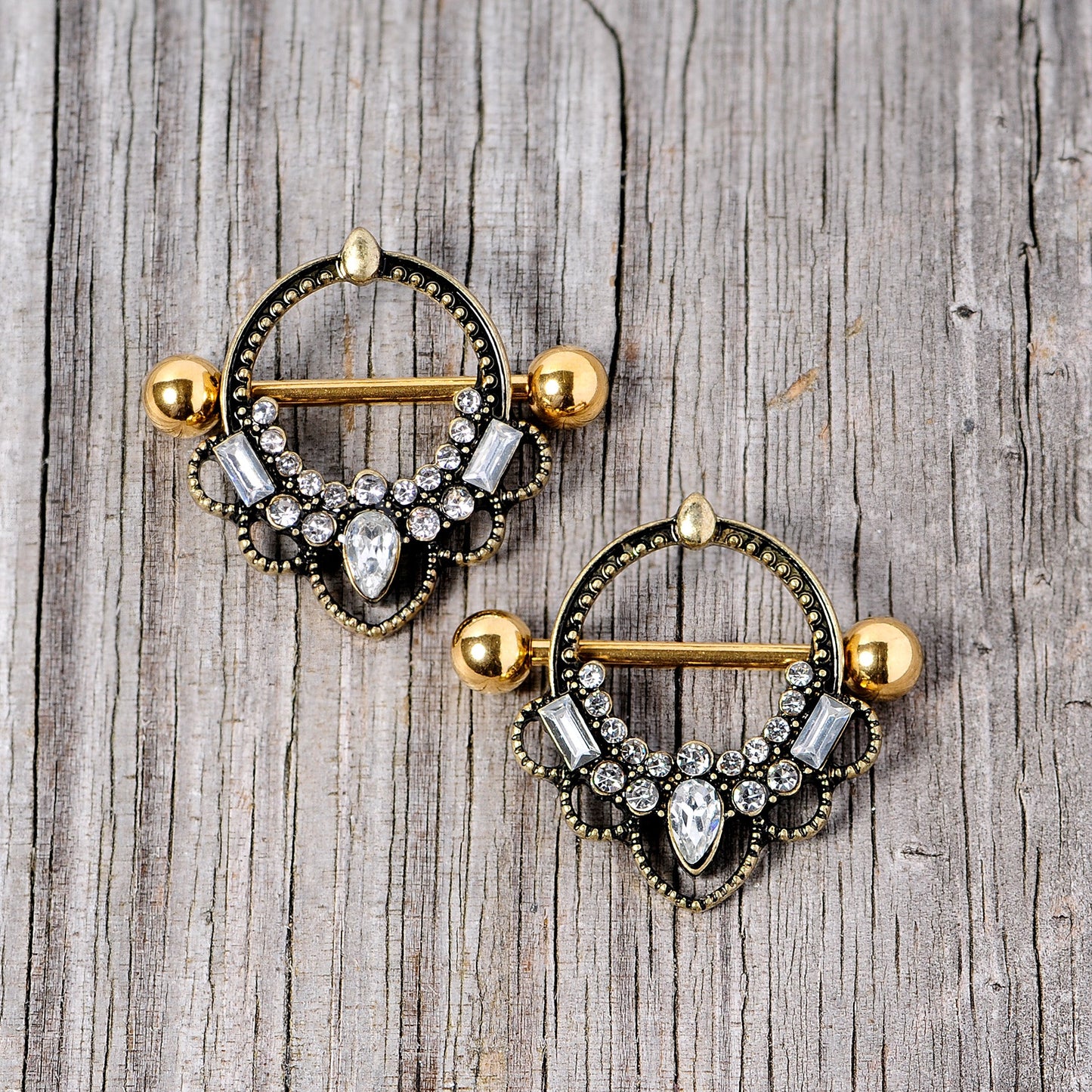14G 5/8 Clear Gem Gold Tone Filigree Nipple Shield Set