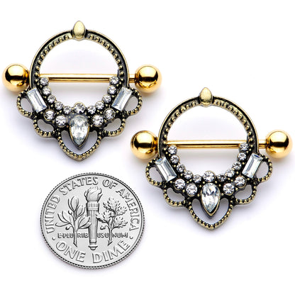 14G 5/8 Clear Gem Gold Tone Filigree Nipple Shield Set