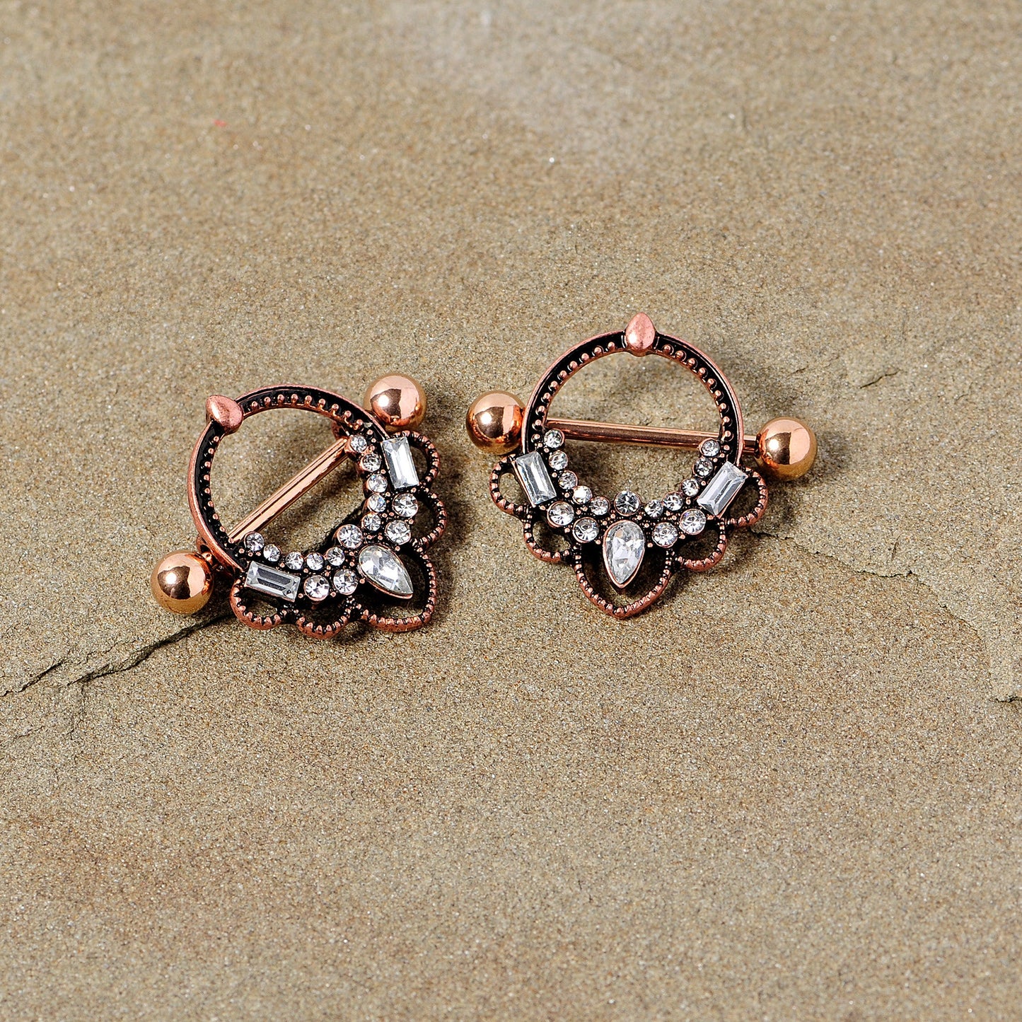 14G 5/8 Clear Gem Rose Gold Tone Filigree Nipple Shield Set