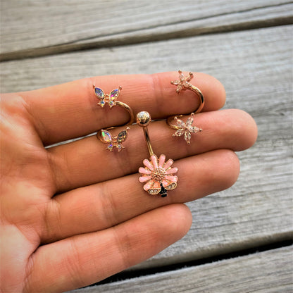 Clear Gem Rose Gold Tone Pink Daisy Bee Belly Ring
