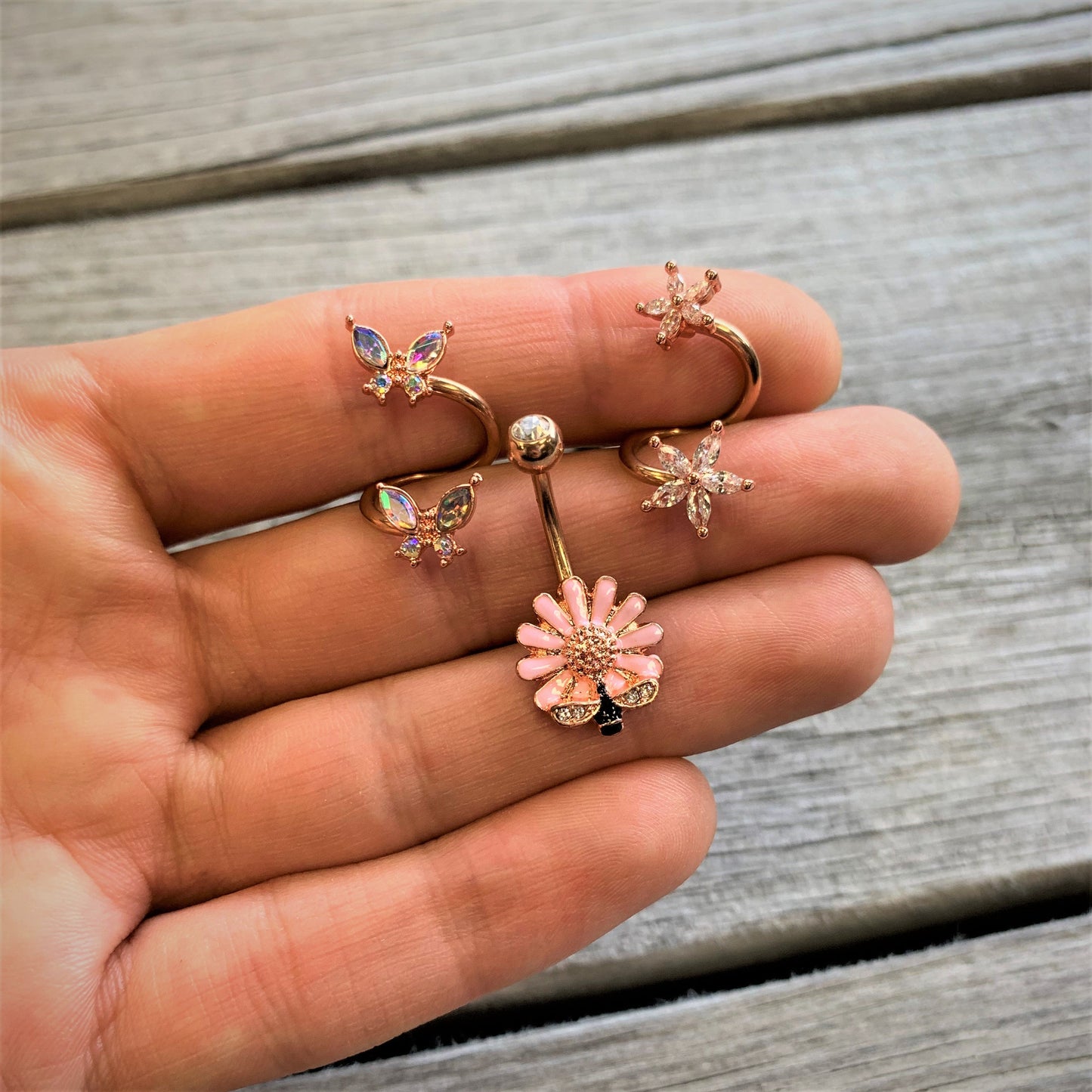 14G 3/8 Aurora Gem Rose Gold Tone Butterfly Spiral Twister Ring