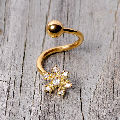 Clear CZ Gem Gold Tone Snowflake Christmas Spiral Twister Belly Ring