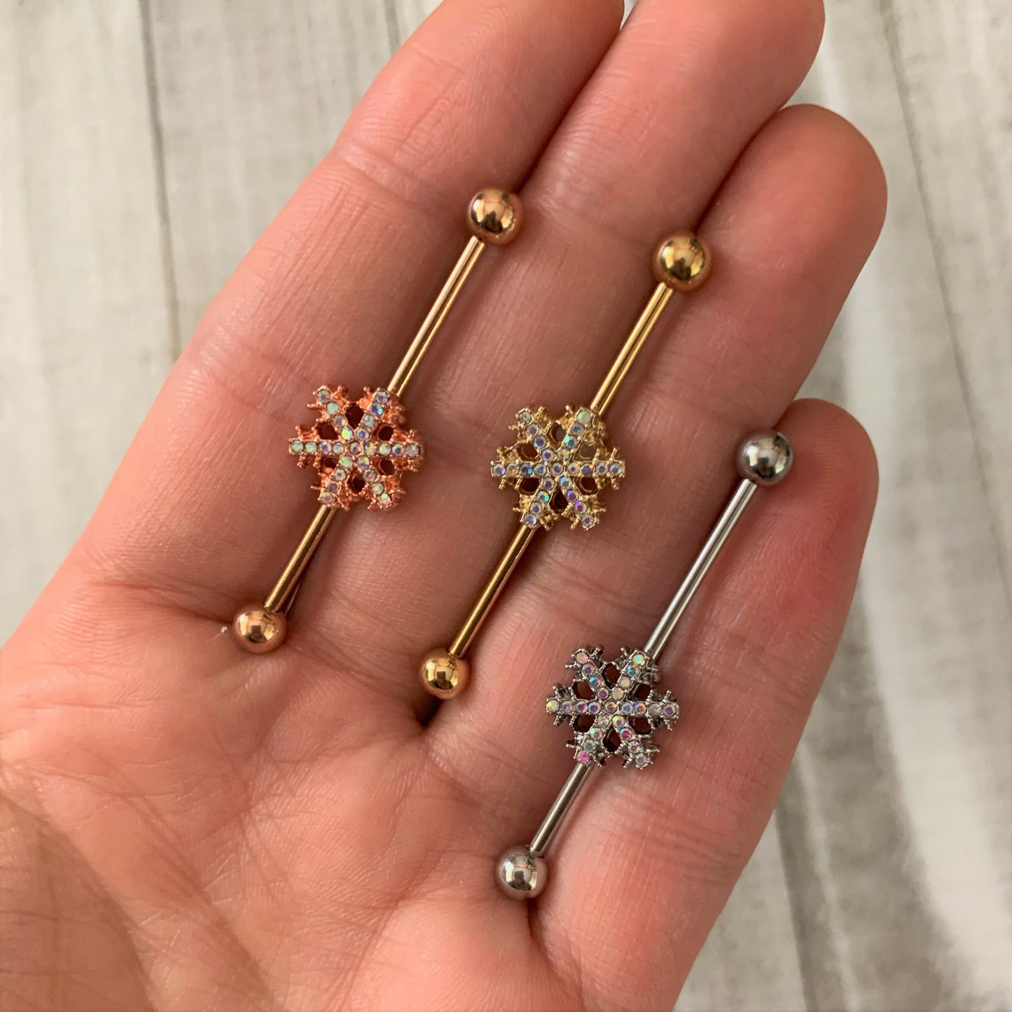 14G Aurora Gem Rose Gold Tone Snowflake Industrial Barbell 38mm