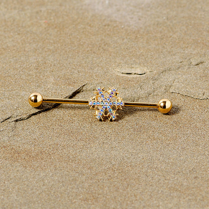 14G Aurora Gem Gold Tone Snowflake Industrial Barbell 38mm
