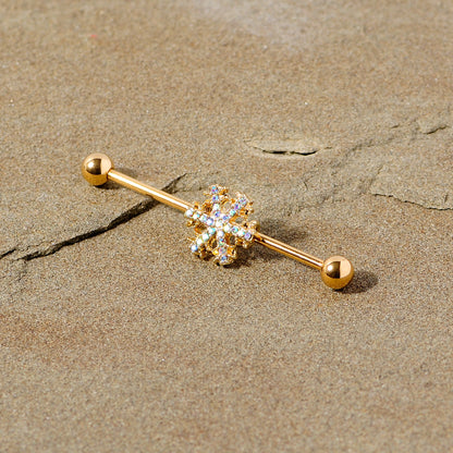 14G Aurora Gem Gold Tone Snowflake Industrial Barbell 38mm