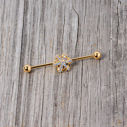 14G Aurora Gem Gold Tone Snowflake Industrial Barbell 38mm