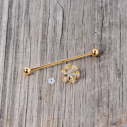 14G Aurora Gem Gold Tone Snowflake Industrial Barbell 38mm