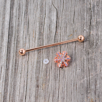 14G Aurora Gem Rose Gold Tone Snowflake Industrial Barbell 38mm