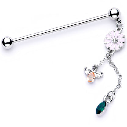 14G Green Yellow Gem Flower Bee Dangle Industrial Barbell 38mm