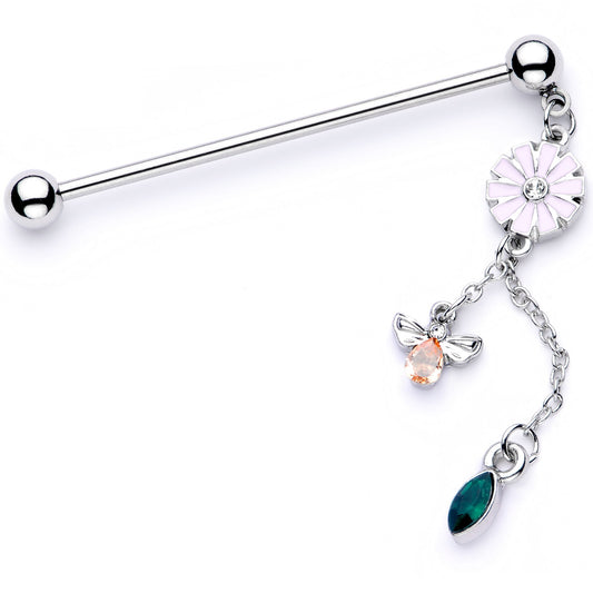 14G Green Yellow Gem Flower Bee Dangle Industrial Barbell 38mm