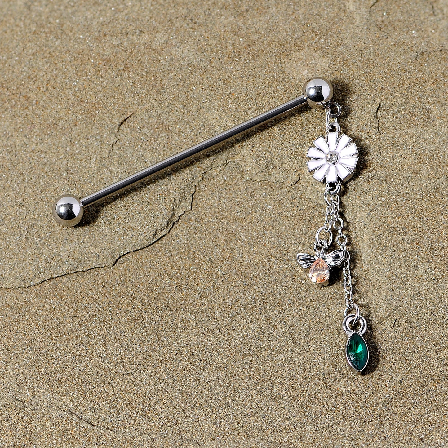 14G Green Yellow Gem Flower Bee Dangle Industrial Barbell 38mm