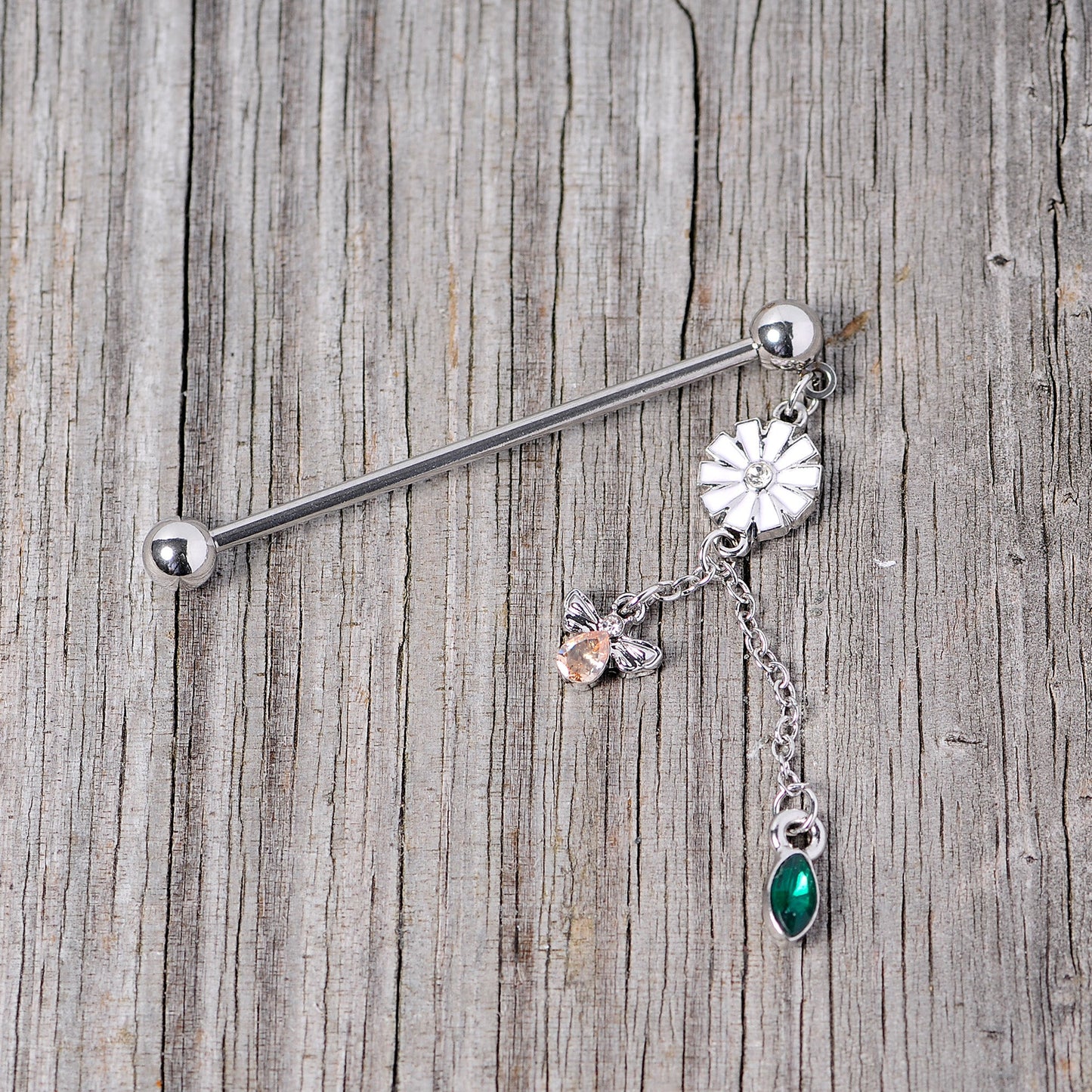 14G Green Yellow Gem Flower Bee Dangle Industrial Barbell 38mm