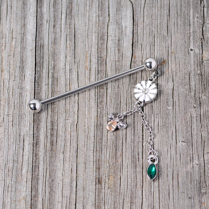 14G Green Yellow Gem Flower Bee Dangle Industrial Barbell 38mm