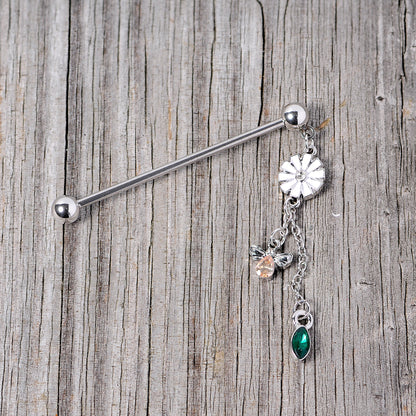 14G Green Yellow Gem Flower Bee Dangle Industrial Barbell 38mm