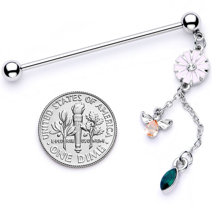 14G Green Yellow Gem Flower Bee Dangle Industrial Barbell 38mm