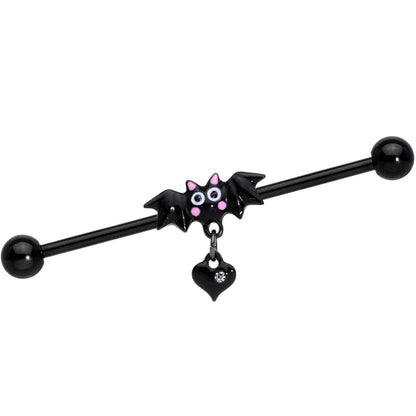 14G Clear Gem Heart Bat Halloween Dangle Industrial Barbell 38mm