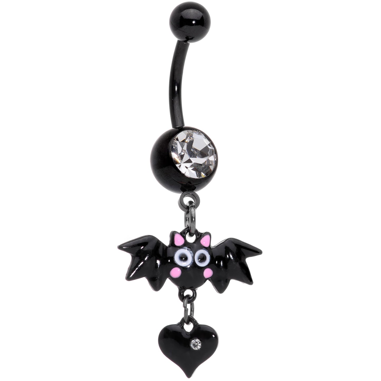 Clear Gem Black Heart Vampire Bat Halloween Dangle Belly Ring
