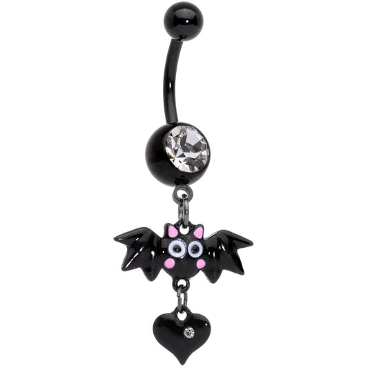 Clear Gem Black Heart Vampire Bat Halloween Dangle Belly Ring