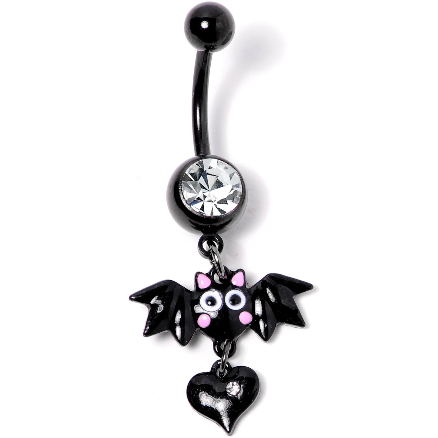 Clear Gem Black Heart Vampire Bat Halloween Dangle Belly Ring