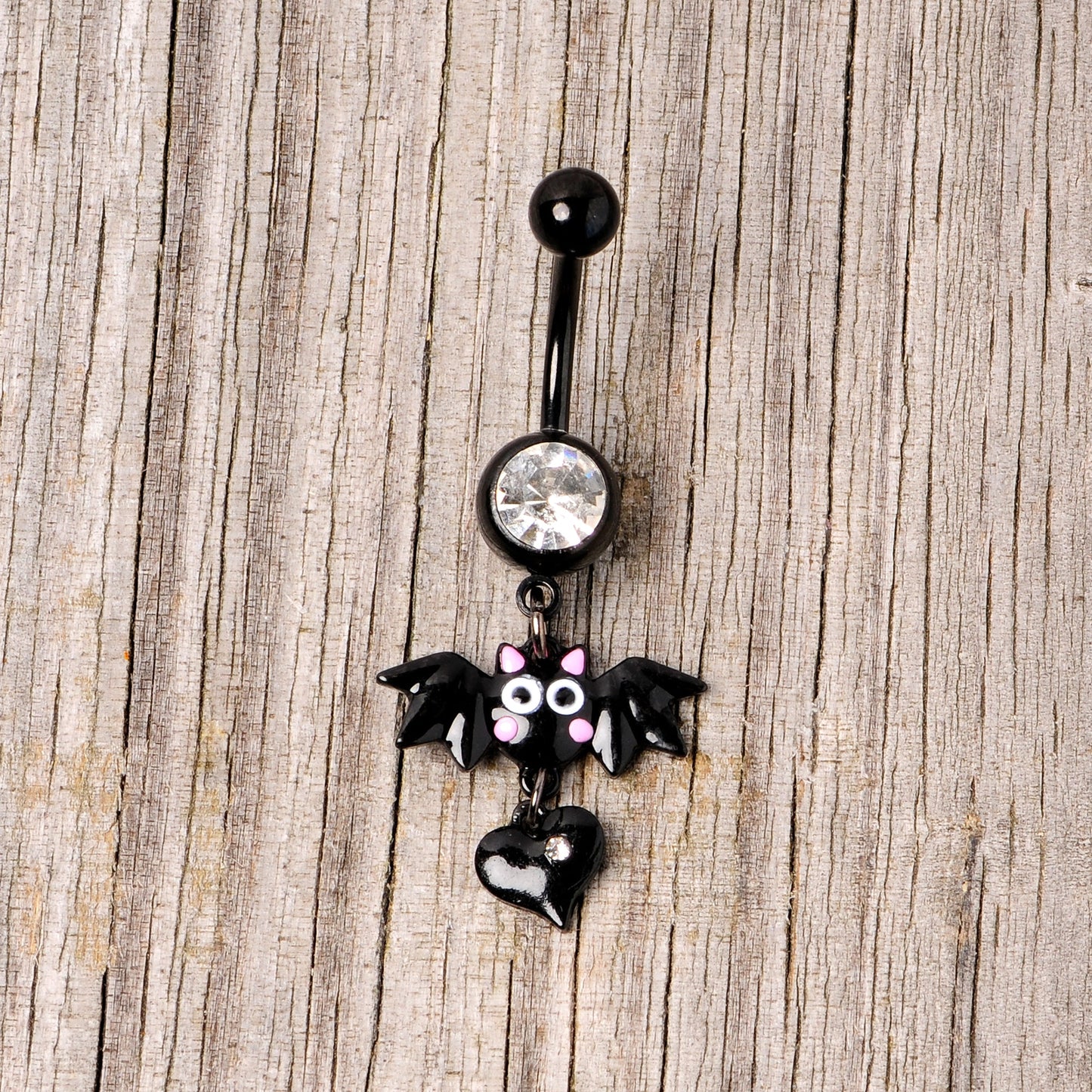 Clear Gem Black Heart Vampire Bat Halloween Dangle Belly Ring