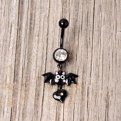 Clear Gem Black Heart Vampire Bat Halloween Dangle Belly Ring