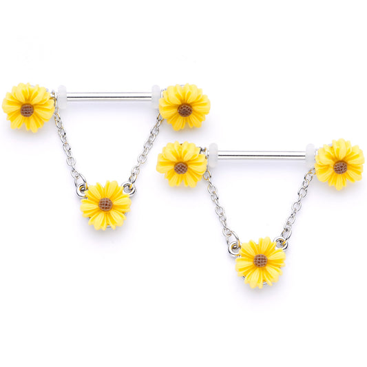 14G 5/8 Yellow Sunflowers Dangle Nipple Ring Set