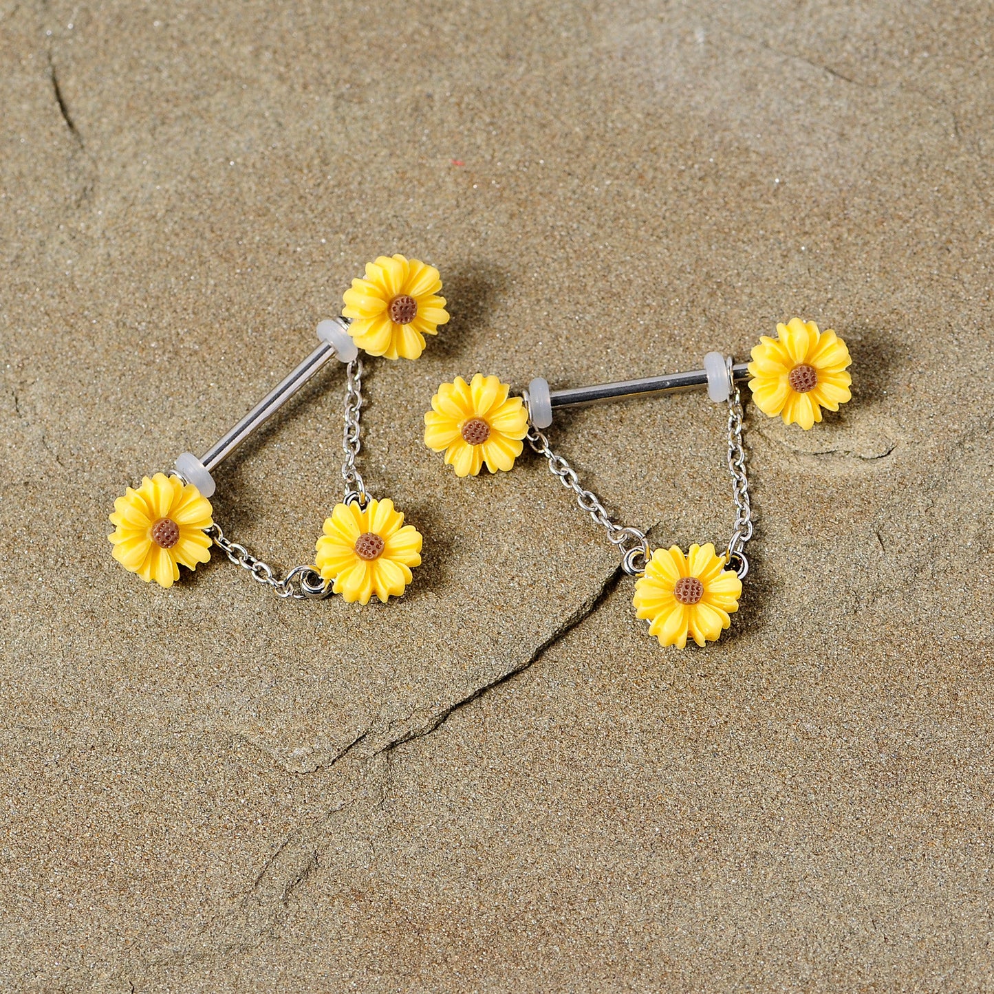 14G 5/8 Yellow Sunflowers Dangle Nipple Ring Set