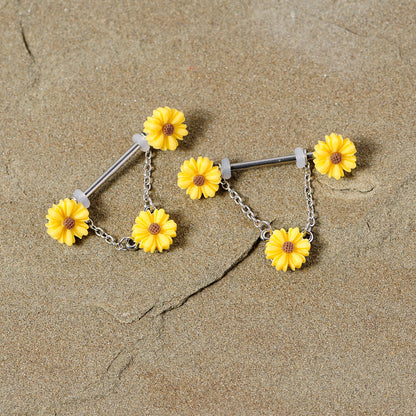 14G 5/8 Yellow Sunflowers Dangle Nipple Ring Set
