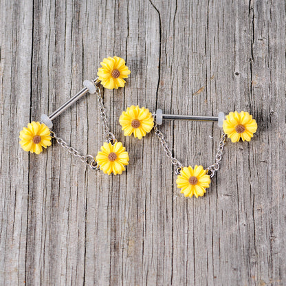 14G 5/8 Yellow Sunflowers Dangle Nipple Ring Set