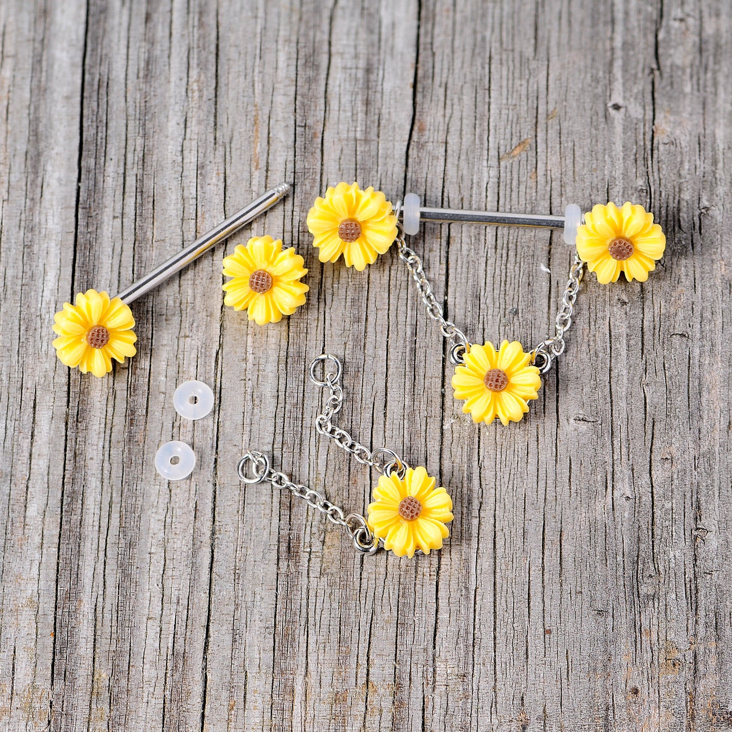 14G 5/8 Yellow Sunflowers Dangle Nipple Ring Set