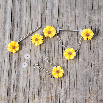 14G 5/8 Yellow Sunflowers Dangle Nipple Ring Set