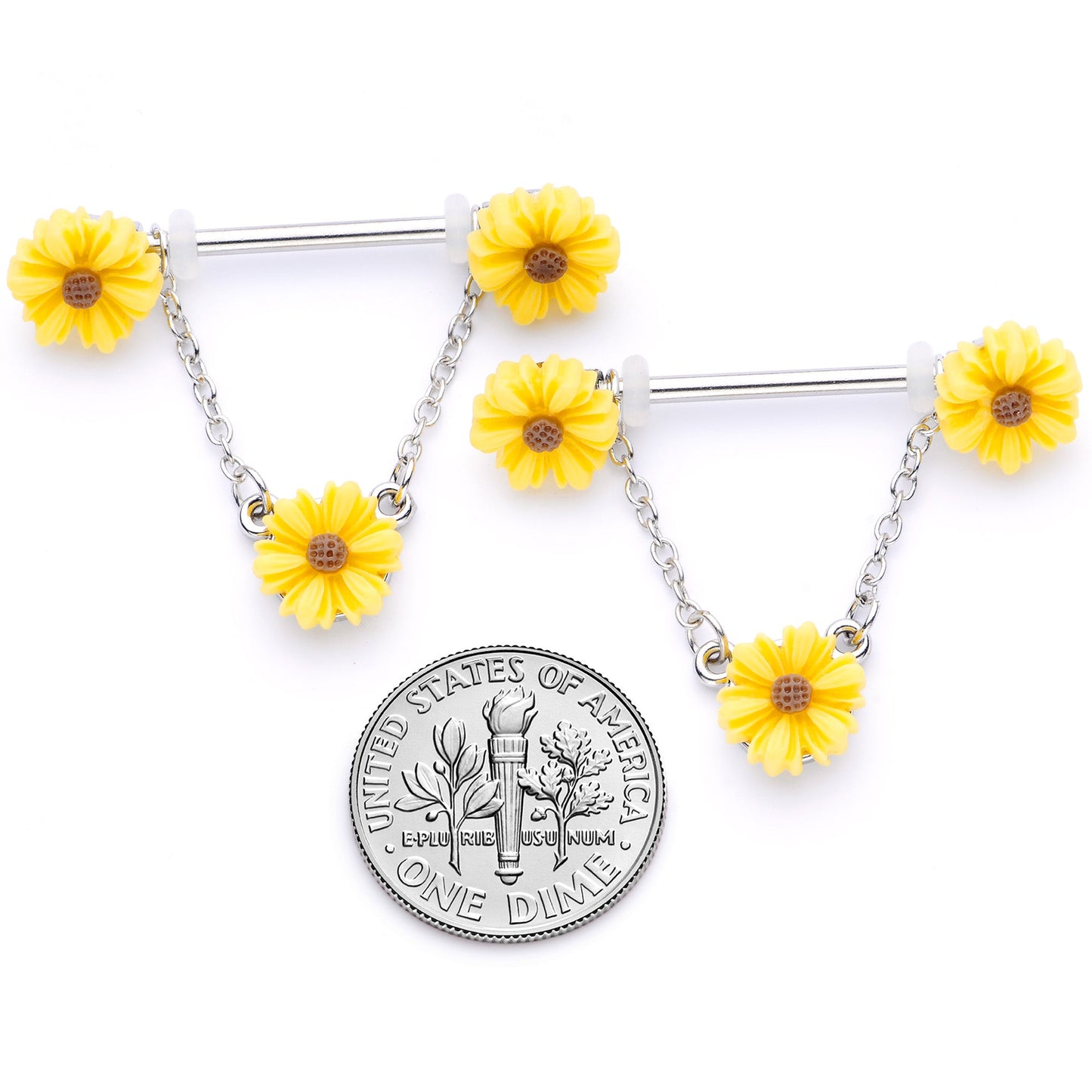 14G 5/8 Yellow Sunflowers Dangle Nipple Ring Set