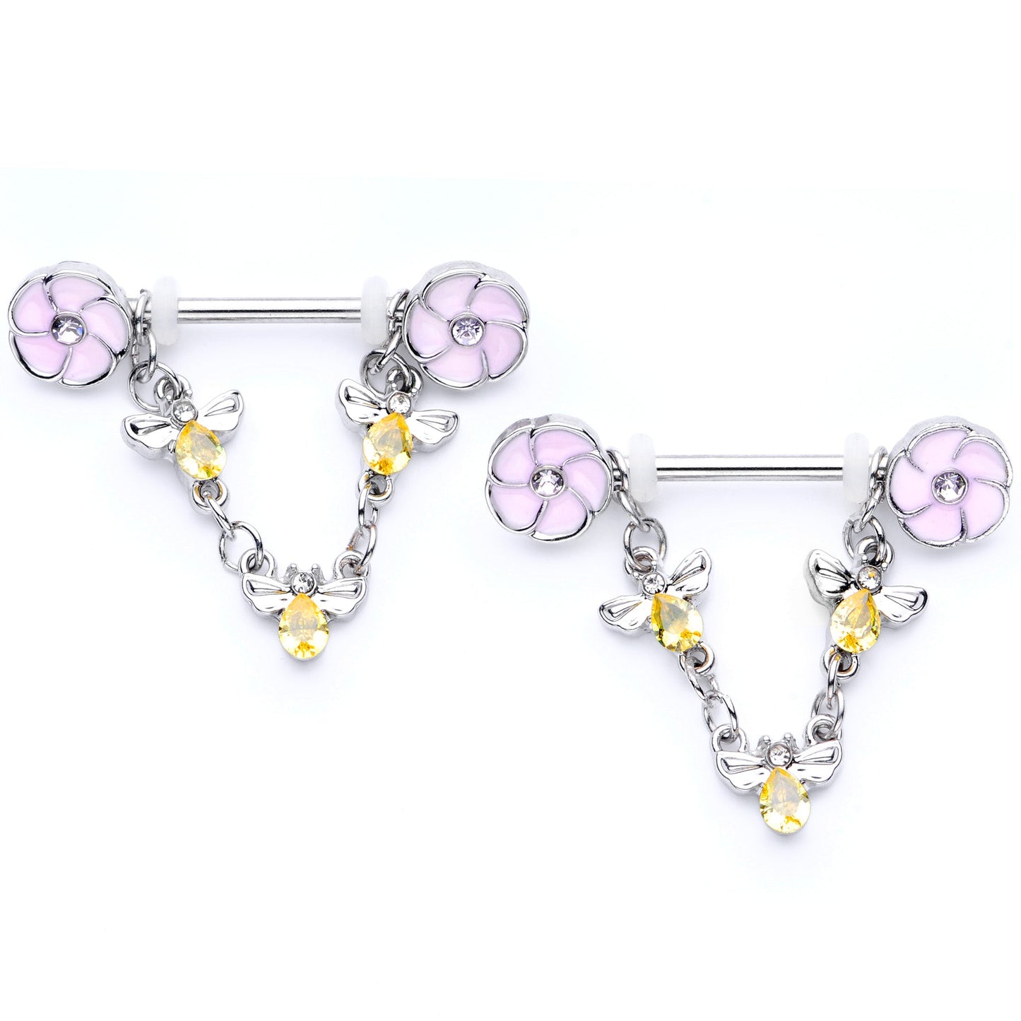14G 5/8 Yellow Clear Gem Bee Flower Dangle Nipple Ring Set